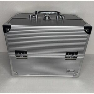 Silver Locking Makeup Case Box Portable Cosmetic Organizer 4 Trays With 2 Keys